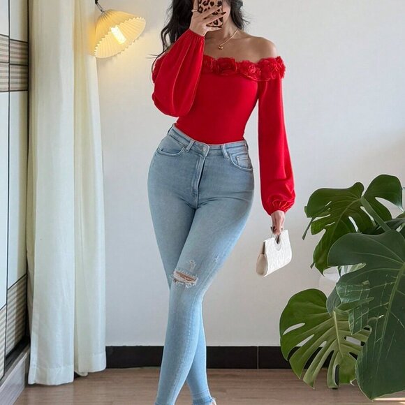 Red Casual Women's Elegant Fitted Off Shoulder Lantern Sleeve Blouse - Picture 4 of 6